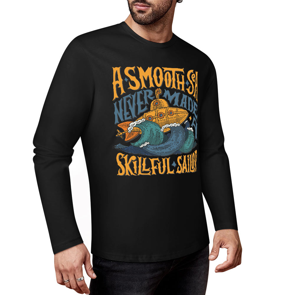 Black pure cotton long sleeve T-shirt with ASMODUS Shark Attack graphic for casual wear