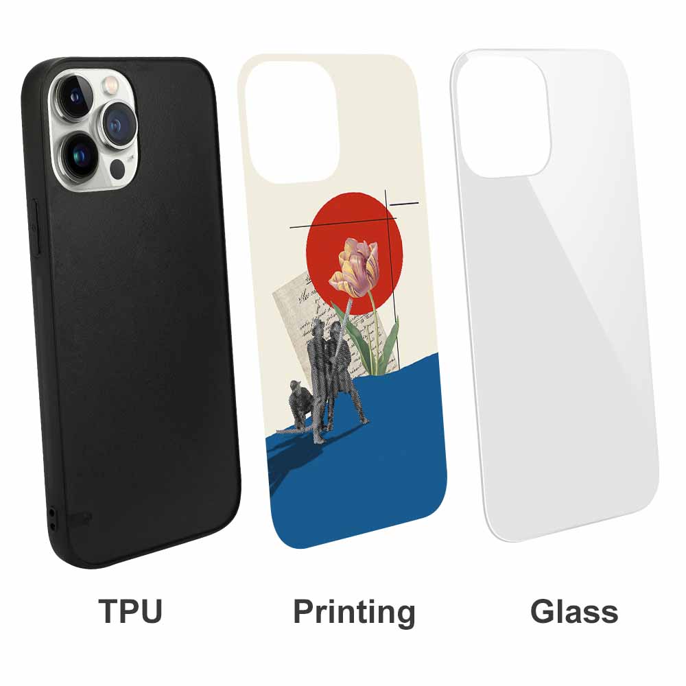 iPhone 13 case components: TPU, printed design, and glass back. Features scratch resistance and wireless charging.