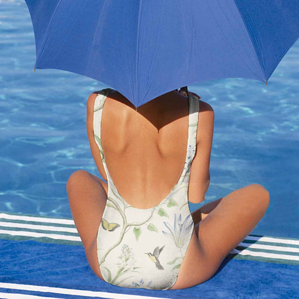 Adult one-piece swimsuit with floral print, U-back design, perfect for beach and pool. Comfortable polyester swimwear.