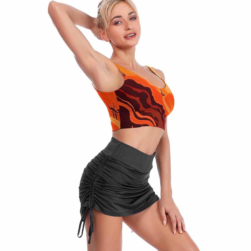Woman wearing comfortable orange texture sports bra, perfect for yoga or casual wear.