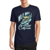 Navy blue pure cotton men's surfing T-shirt with 'Wild Wave California' graphic print.