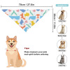Polyester pet scarf size guide with colorful dinosaur pattern and dog model, perfect for parties.