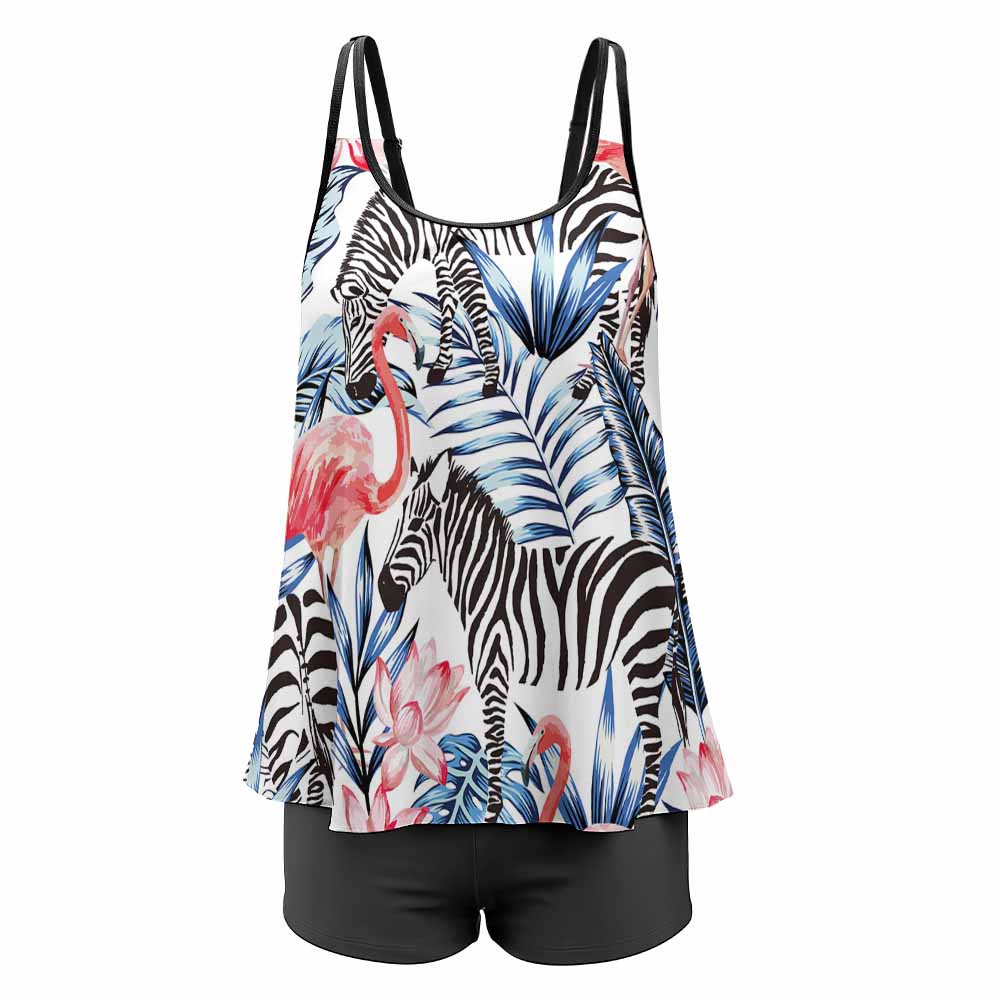 Busty model plus size split swimsuit set with tropical print, perfect for pool.