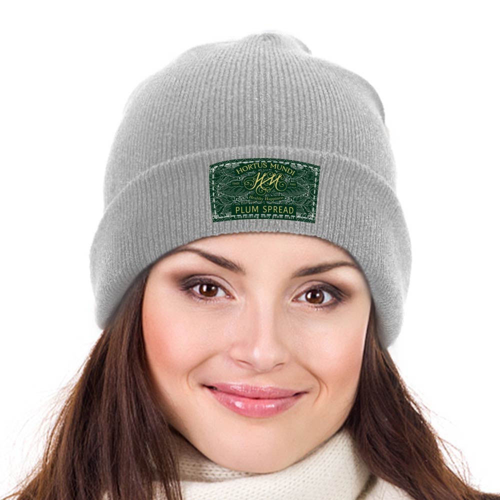 Gray knitted cap with custom logo on a woman, perfect for winter warmth and branded style.