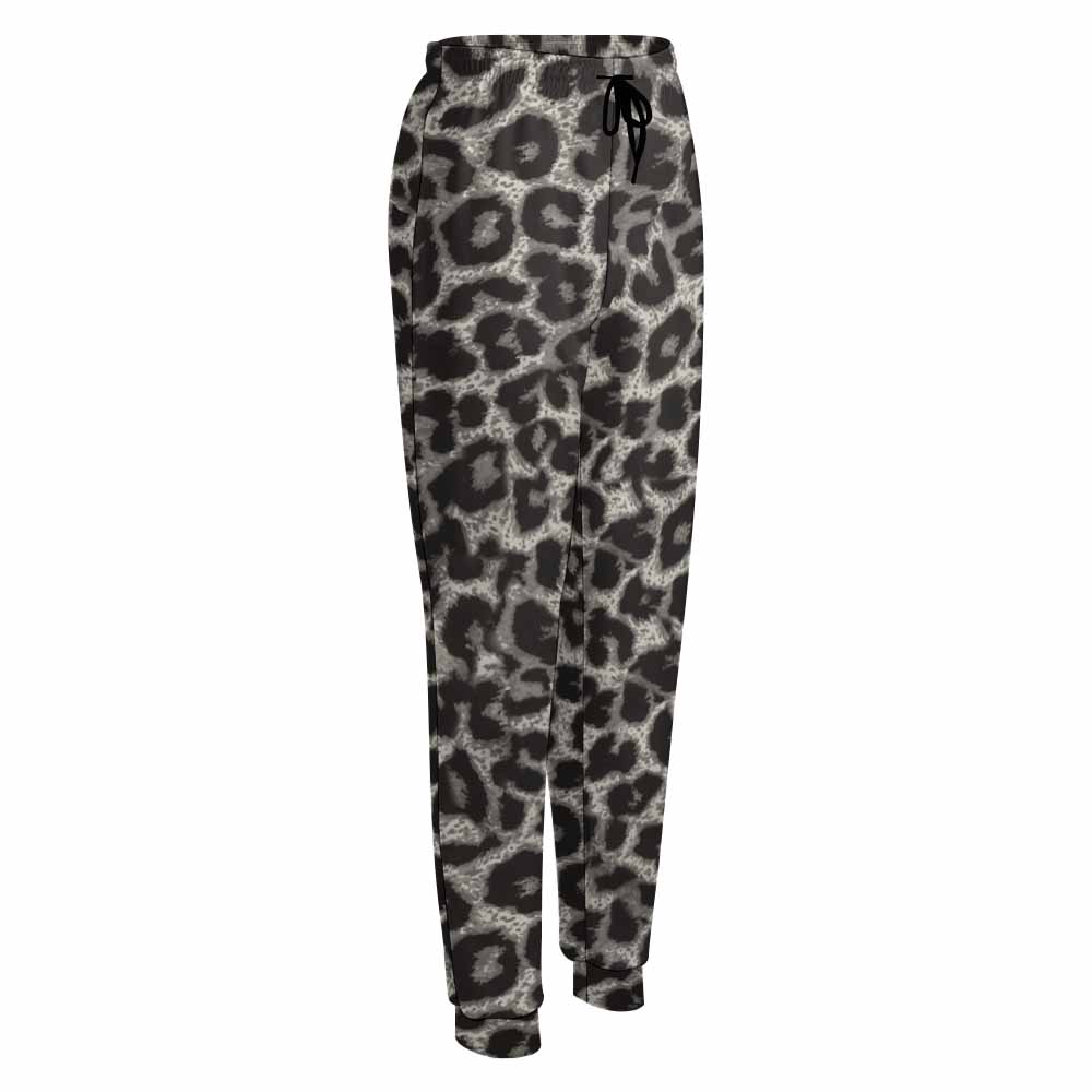 Women's leopard print sweatpants, polyester fabric, elastic waistband, drawstring, and pockets for casual wear.