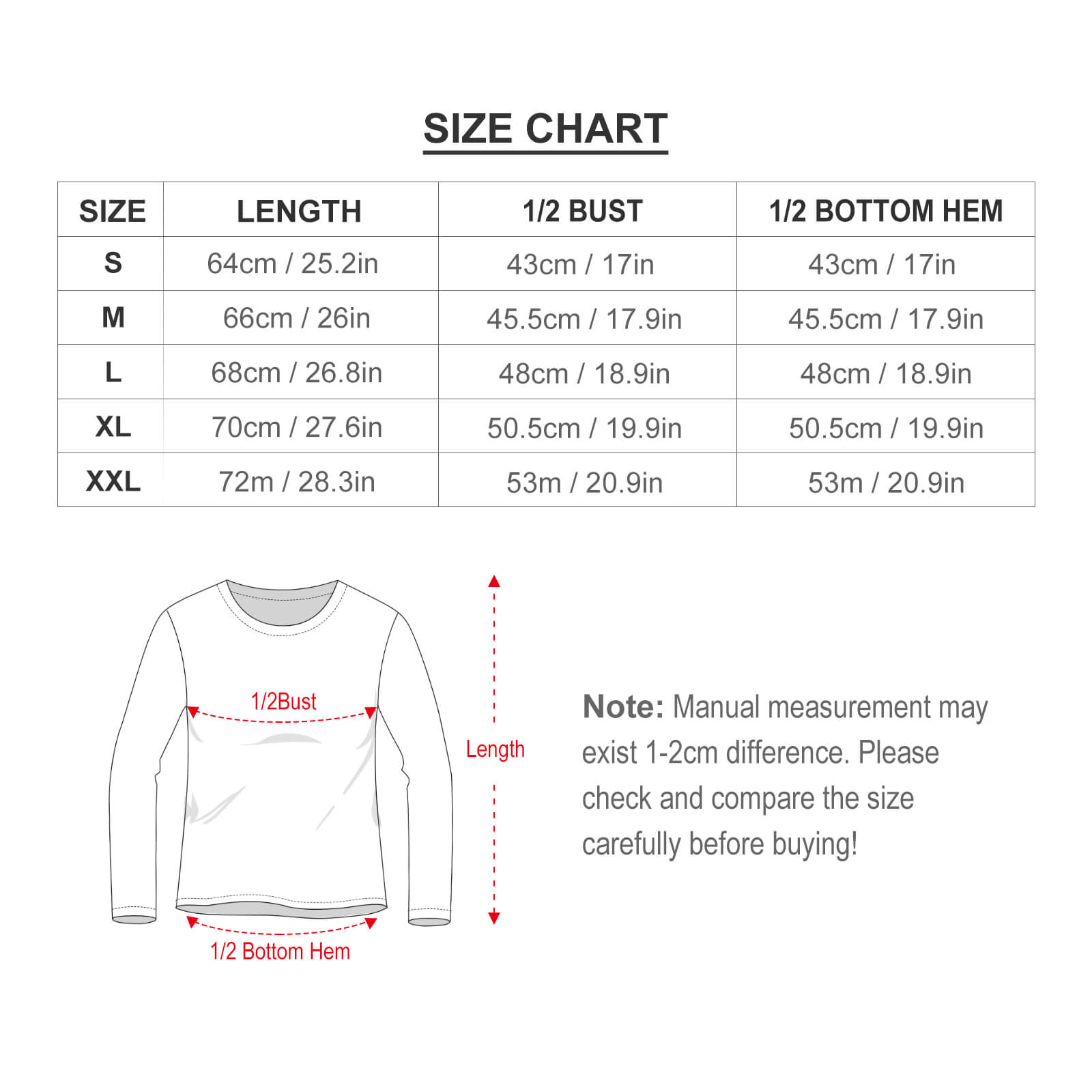 Size chart for Women's Long Sleeve T-Shirt, including length, bust, and bottom hem measurements in cm/in.