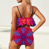 Ruffled top bikini swimsuit with high-waisted bottoms in a vibrant pattern, perfect for ladies.