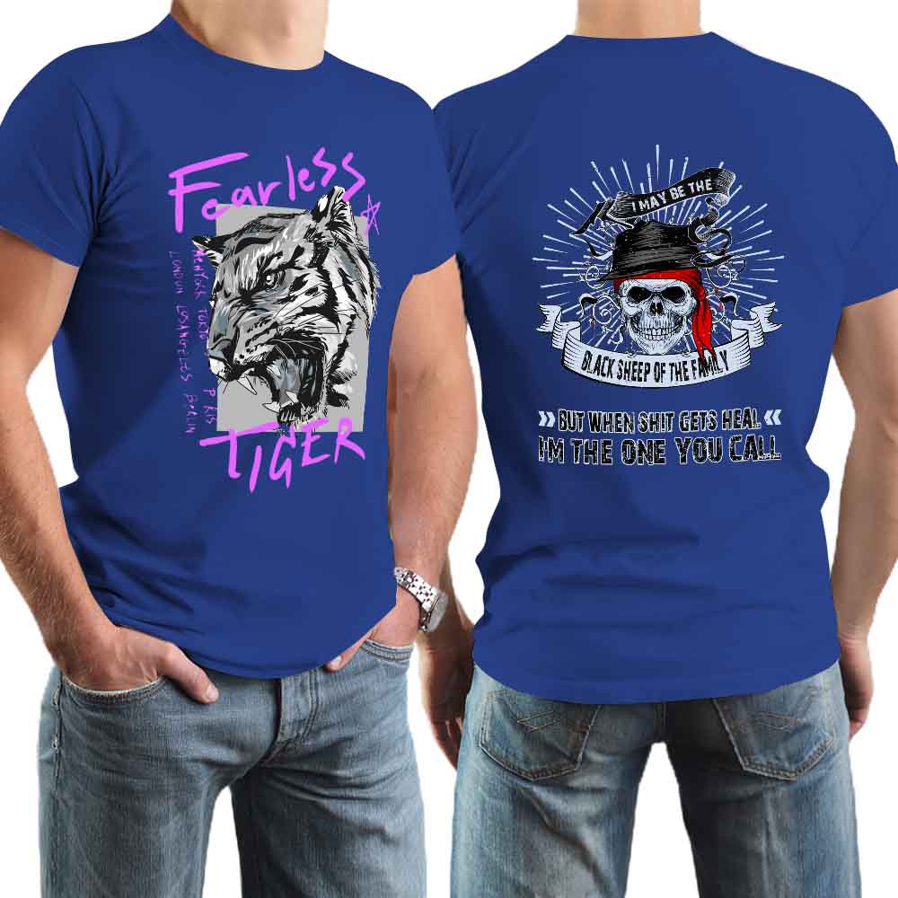 Men's 100% cotton 'Fearless Tiger' graphic T-shirt in blue, front and back view.