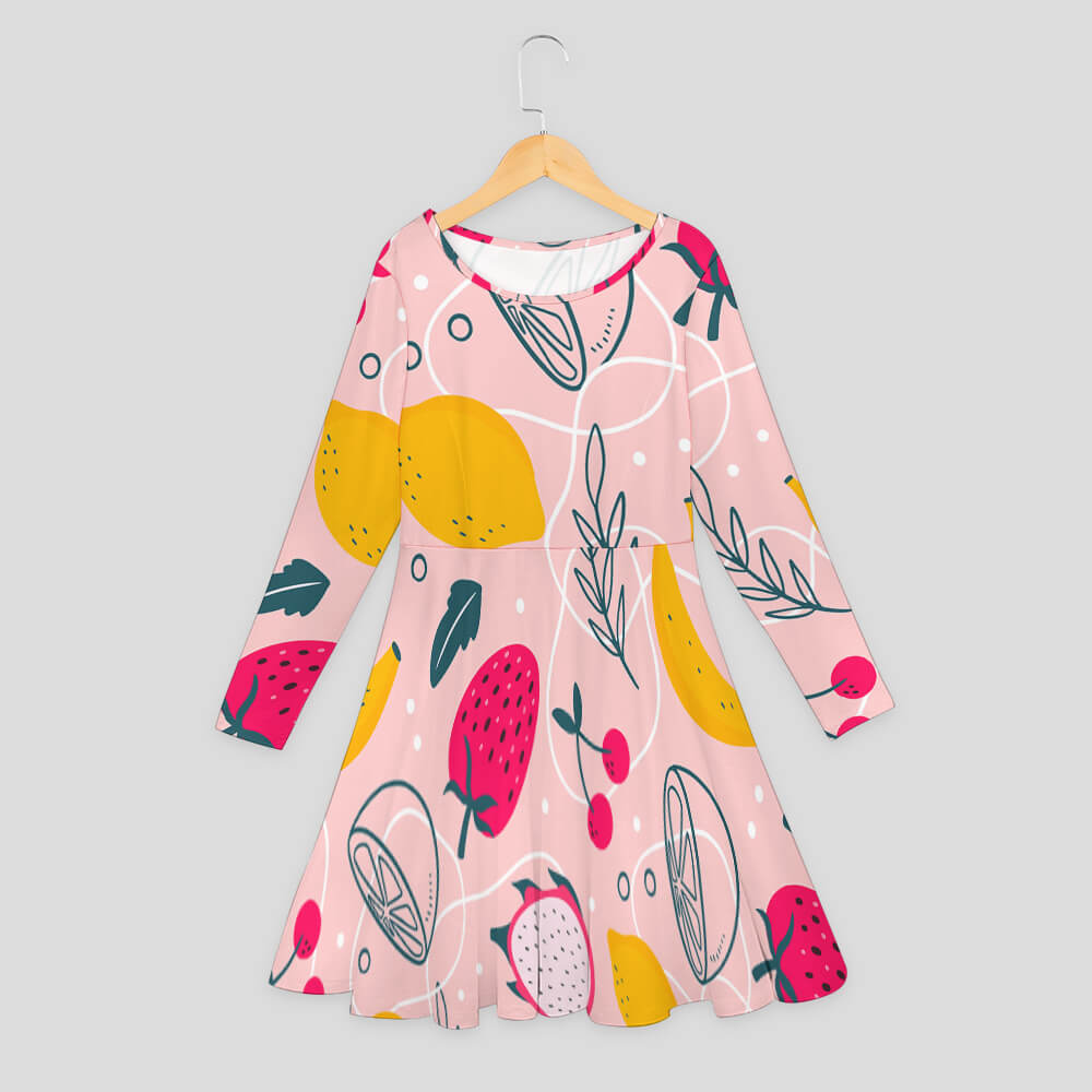 Girls' pink long sleeve dress with fruit pattern, made of soft polyester-spandex blend, perfect for daily wear.