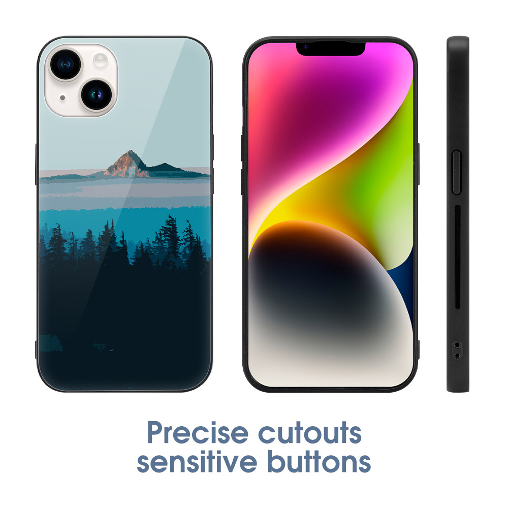 iPhone 14 case with mountain landscape design, glass + TPU material, protective.