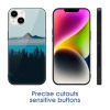 iPhone 14 case with mountain landscape design, glass + TPU material, protective.