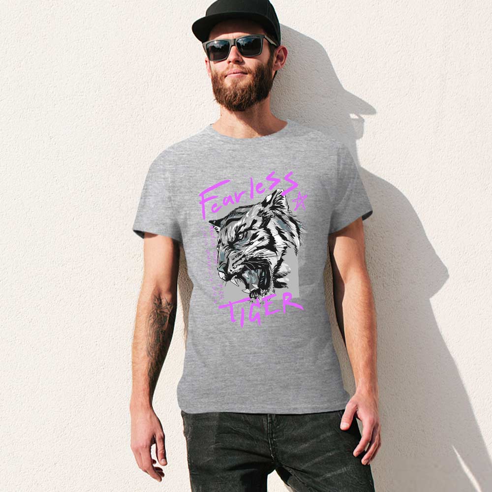 Gray cotton men's 'Fearless Tiger' graphic t-shirt. 100% cotton. collection.