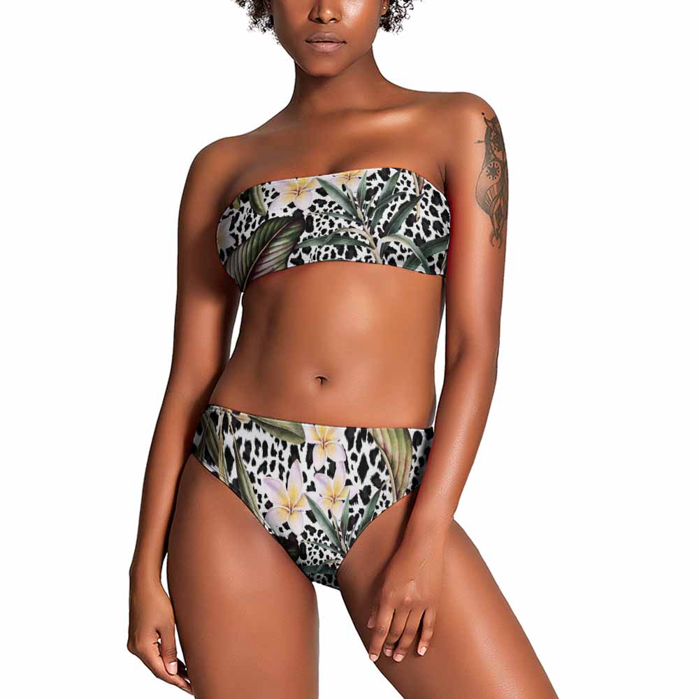 Strapless floral bikini swimsuit in green and tan, perfect for summer beachwear and vacations. Made of polyester and spandex.