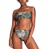 Strapless floral bikini swimsuit in green and tan, perfect for summer beachwear and vacations. Made of polyester and spandex.