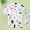 Women's white t-shirt with flamingo and tropical leaf print. Comfortable, breathable fabric for summer.