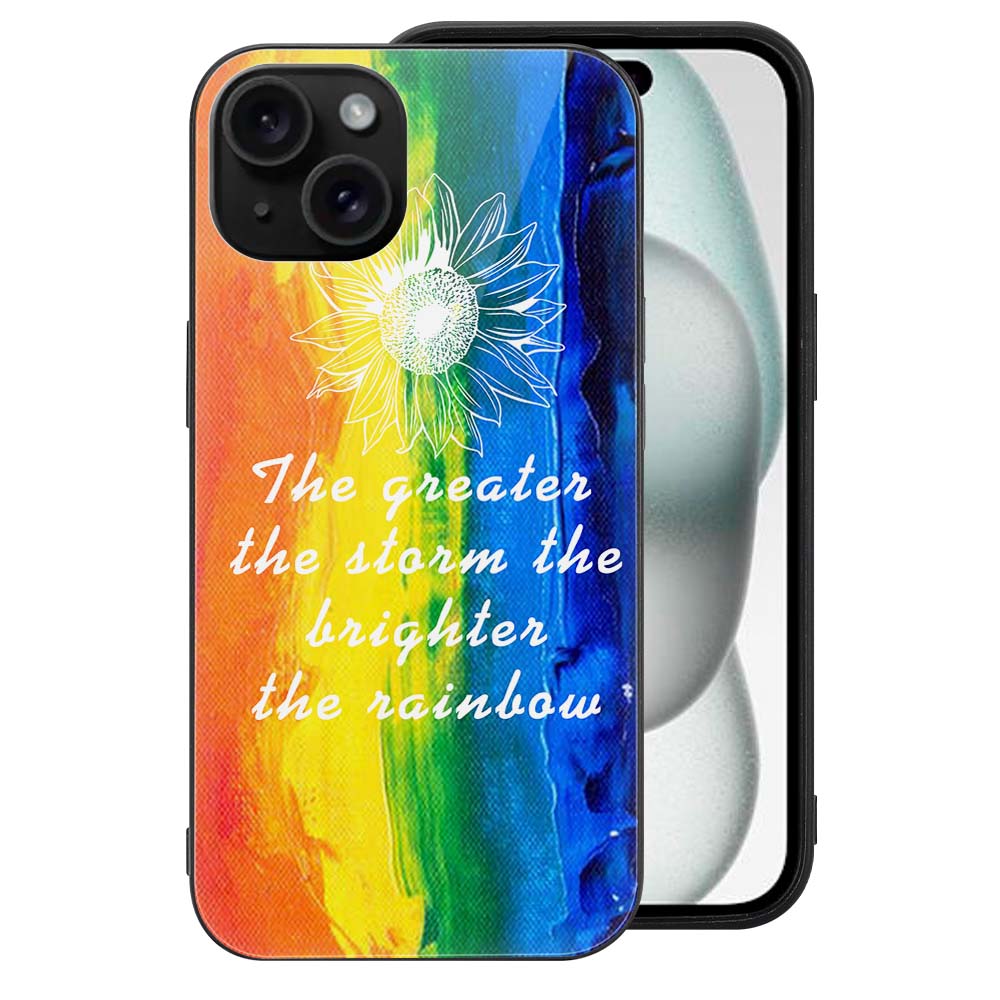 iPhone 15 case with rainbow design and inspirational quote, glass + TPU material