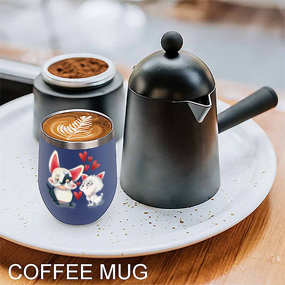 Stainless steel insulated coffee mug with cat design, coffee maker, and red hearts, Inkedjoy.