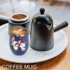 Stainless steel insulated coffee mug with cat design, coffee maker, and red hearts, Inkedjoy.