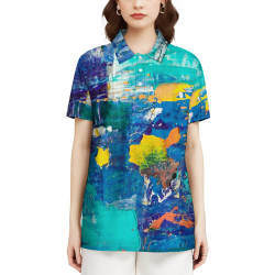 Women's polo short-sleeved shirt with a high collar open front and no cuffs or hem