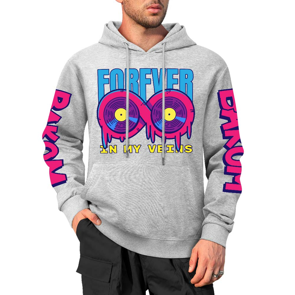 Light gray cotton 'FOREVER 99' hooded sweater with donut graphic, sleeve prints, fashion style.