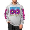 Light gray cotton 'FOREVER 99' hooded sweater with donut graphic, sleeve prints, fashion style.