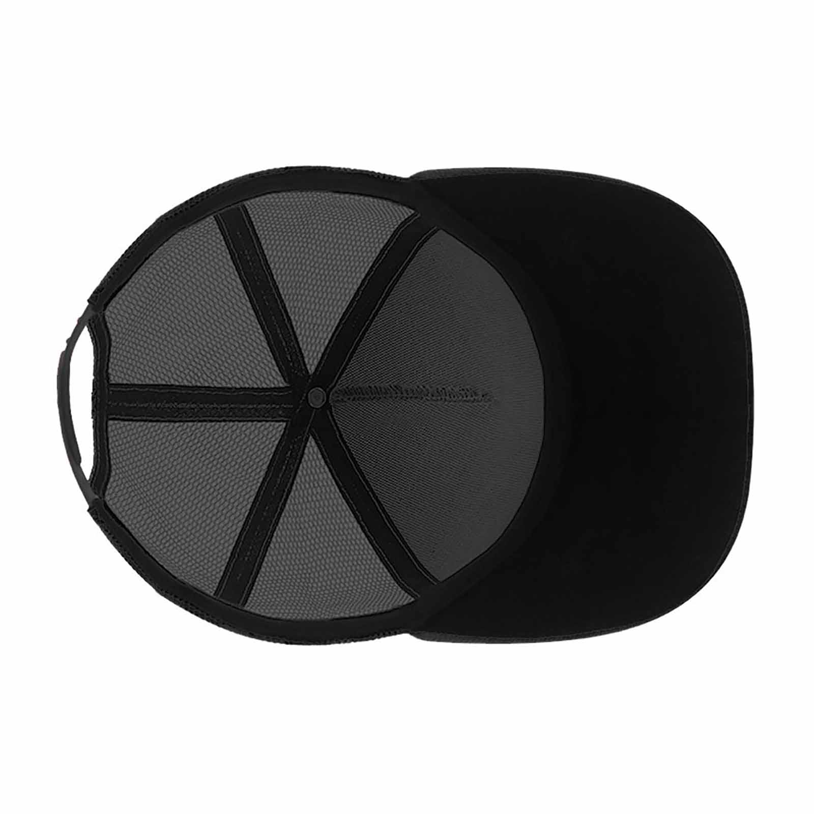 Black baseball cap interior view, showing the structure and mesh back for breathability and comfort.