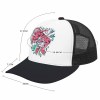 Black and white baseball cap with pink floral graphic, mesh back, curved brim, showing dimensions.