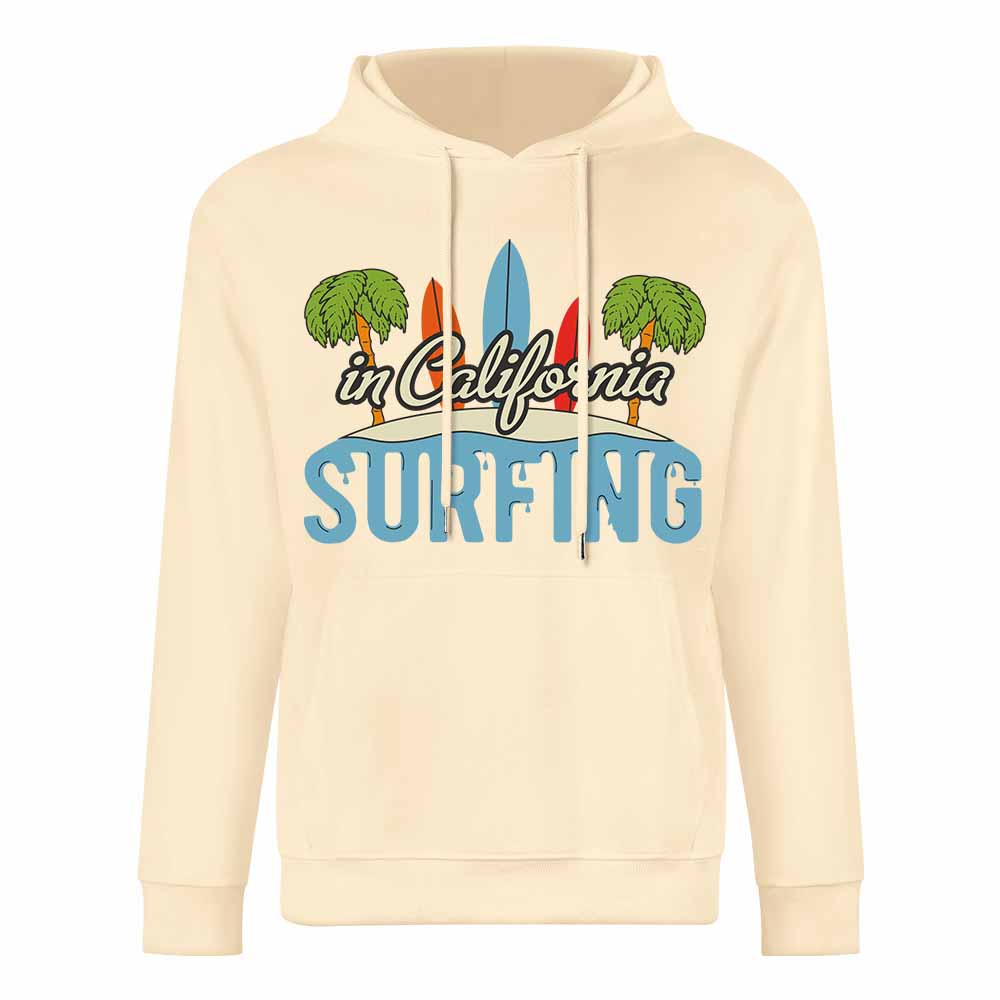 Cream cotton Surfing hoodie with CALIFORNIA SURFING graphic, loose fit, for daily wear.
