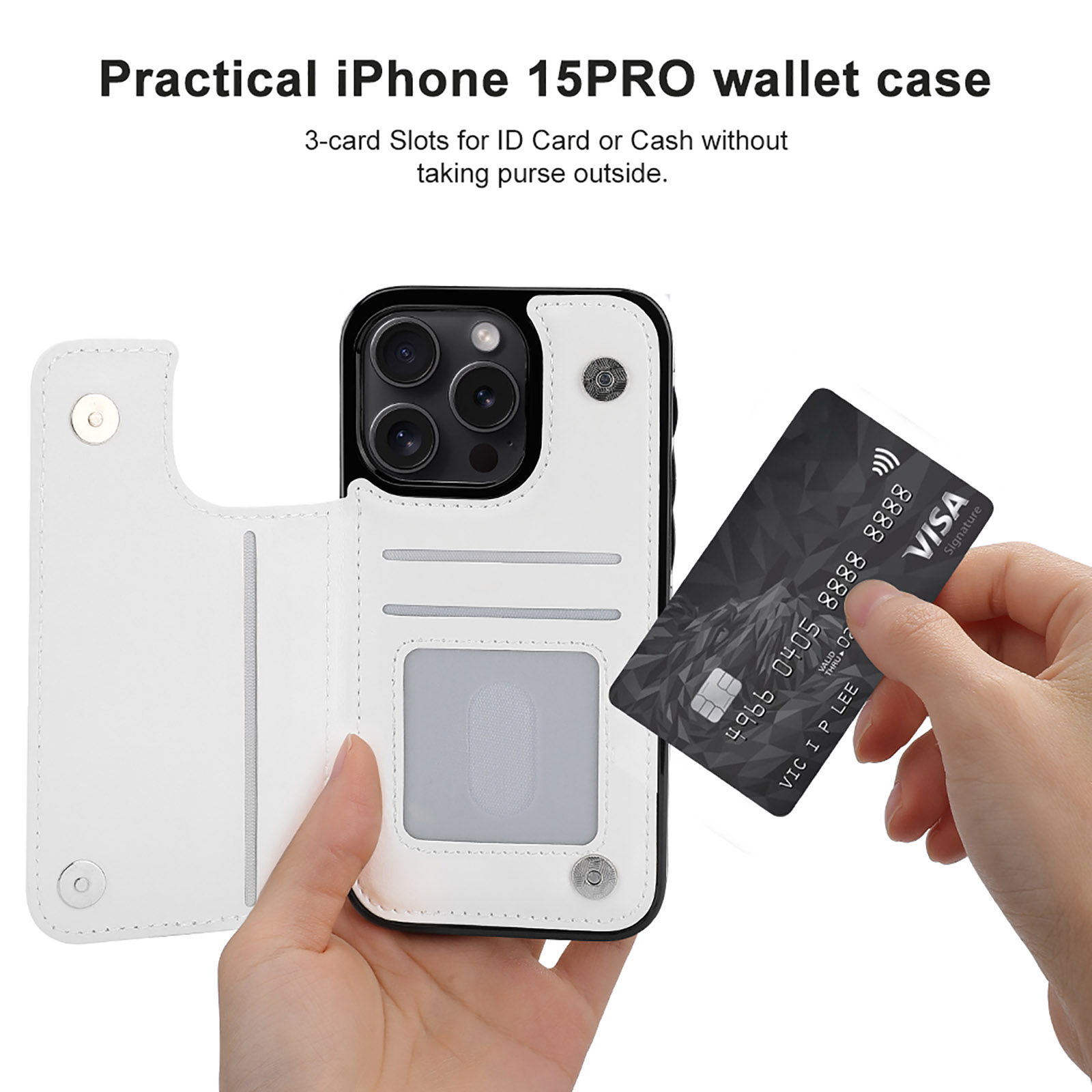iPhone 15 Pro wallet case, white leather, card slot design, practical and stylish.