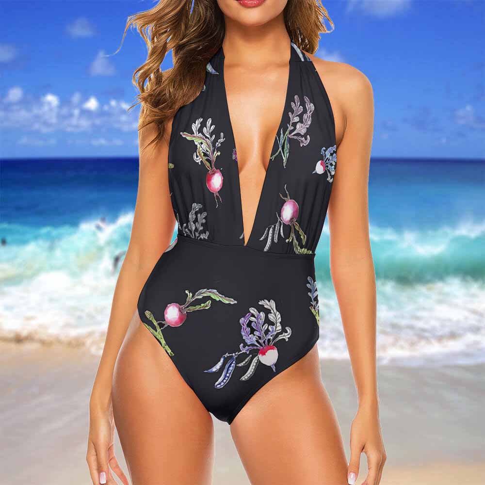 Black floral halter one piece bikini swimsuit with deep V-neck, adjustable straps, perfect for beach and summer