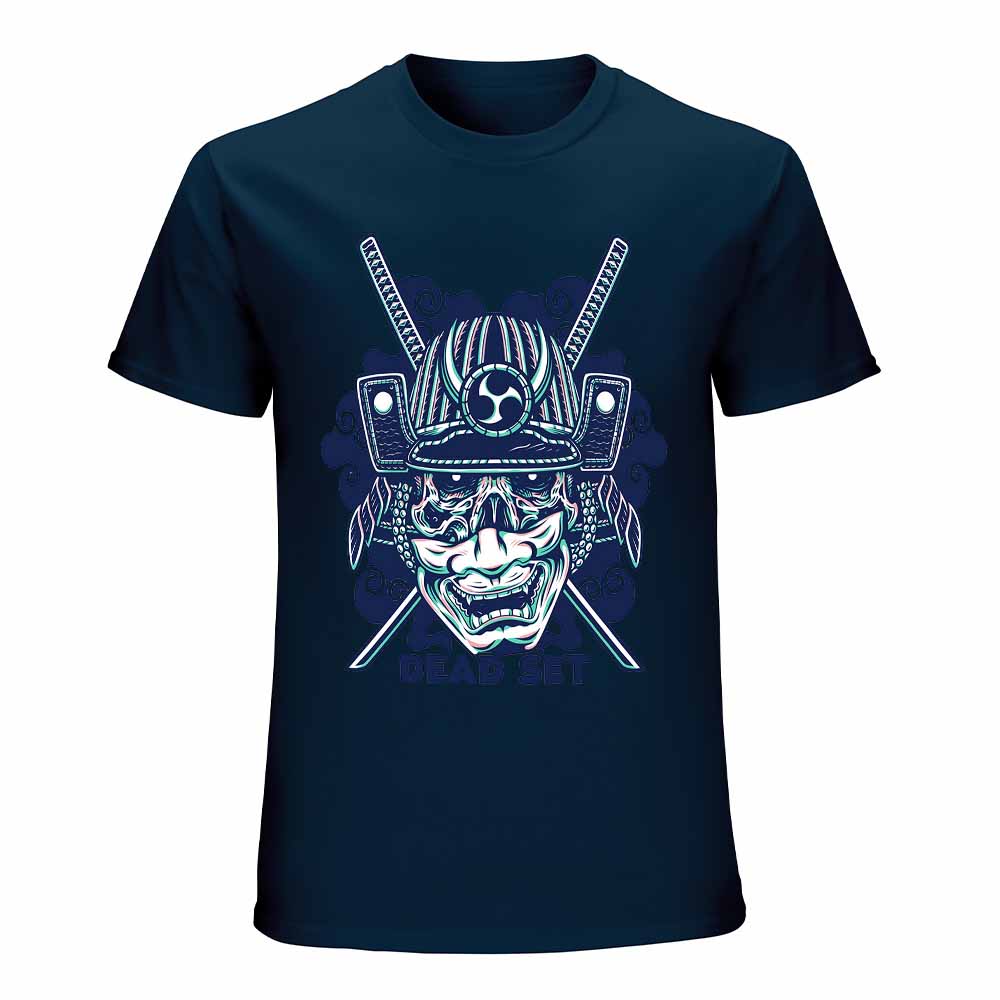 Navy blue cotton men's samurai skull T-shirt