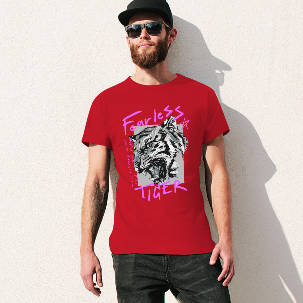 Red cotton Fearless Tiger T-shirt, front view, collection.