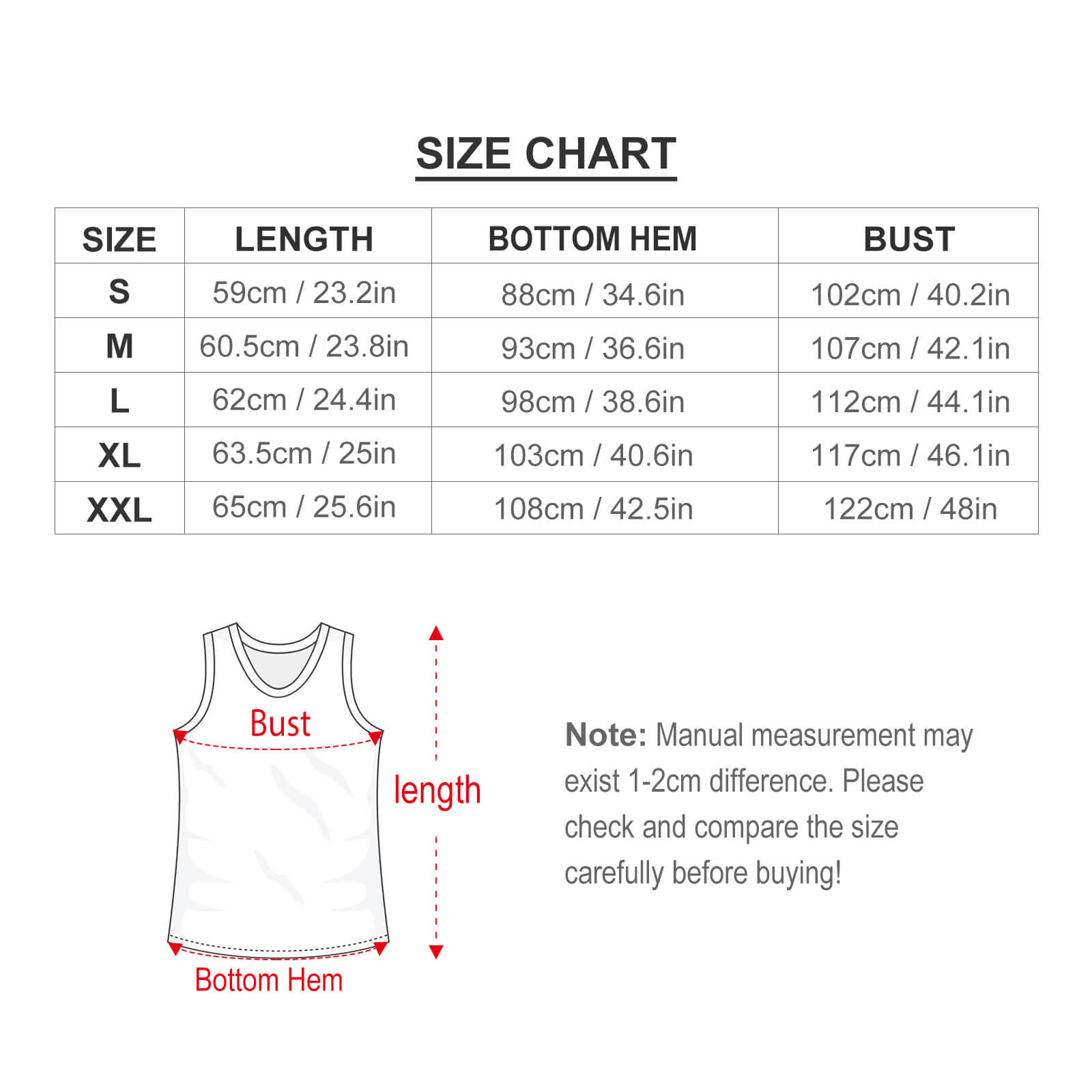 Women's knit vest size chart with bust, length, and width measurements