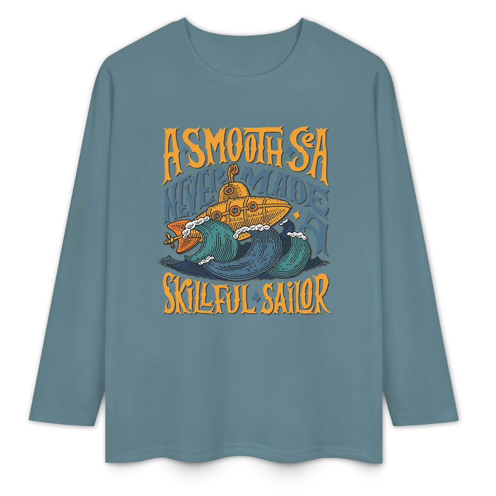 Turquoise pure cotton long sleeve T-shirt with ASMODUS Shark Attack graphic for casual wear.
