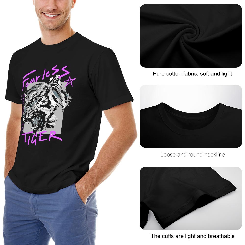 Men's black cotton T-shirt with Fearless Tiger graphic print, collection. Pure cotton and soft touch fabric.