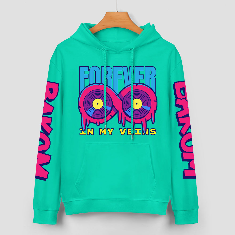 Turquoise FOREVER 99 hoodie with donut graphic and DAKUM sleeve prints, youth fashion style.