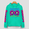 Turquoise FOREVER 99 hoodie with donut graphic and DAKUM sleeve prints, youth fashion style.