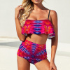 Ruffled top bikini with high-waisted bottoms, stylish swimsuit for ladies.