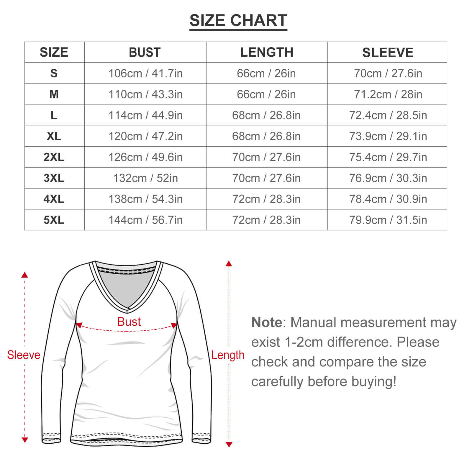 Women's long sleeve V-neck tee size chart with bust, length, and sleeve measurements.