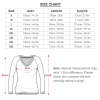 Women's long sleeve V-neck tee size chart with bust, length, and sleeve measurements.