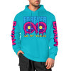 Light blue FOREVER 99 cotton hooded sweater with donut graphic and sleeve prints, youth fashion style.