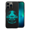 iPhone 13 case with 'Stay True Christmas Dude' design, black TPU, wireless charging compatible