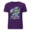 Purple cotton 'Wild Wave California' surfing T-shirt, summer fashion.