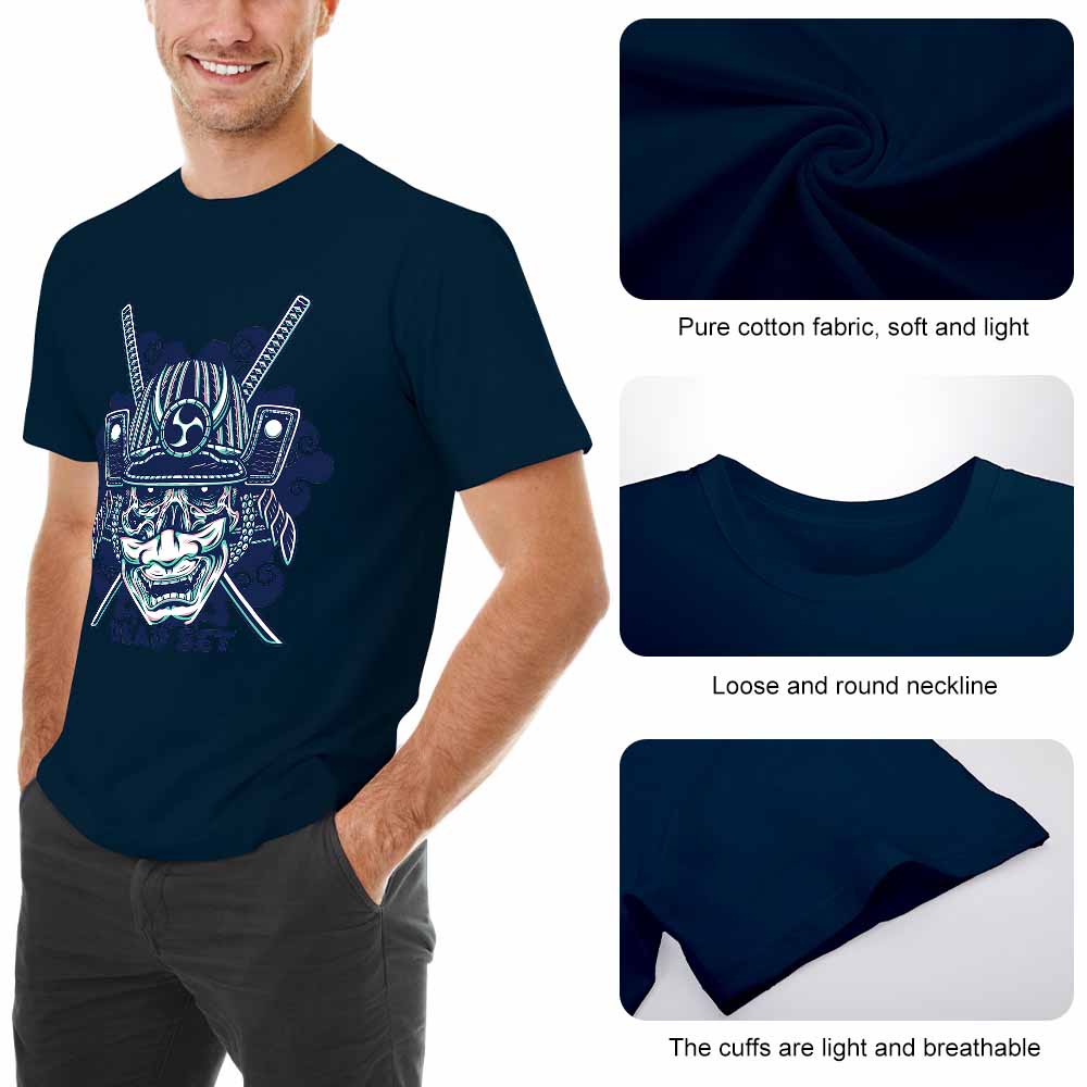 Navy blue cotton men's samurai skull T-shirt, soft fabric, and breathable. Pure cotton.