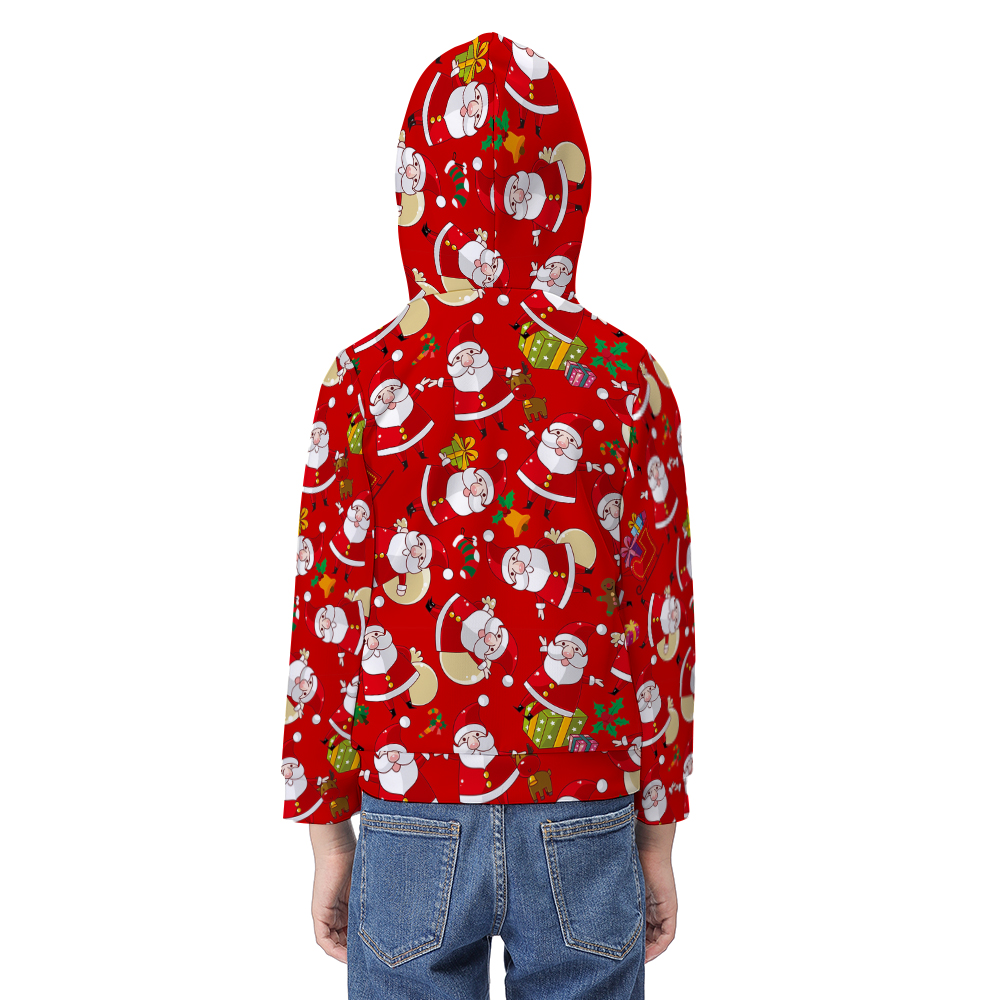 Red kids' Christmas hoodie with Santa pattern, kangaroo pocket, and hood, perfect for holiday wear.