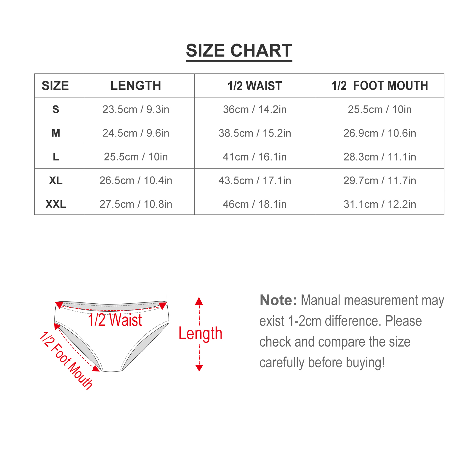 Low waist panties size chart: length, waist, leg width in cm/in. Check measurements.