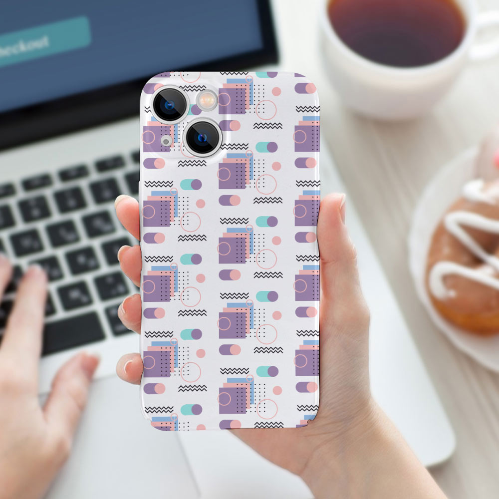 iPhone 13 case with PC plastic and a colorful geometric pattern, precise cutouts, phone protection.