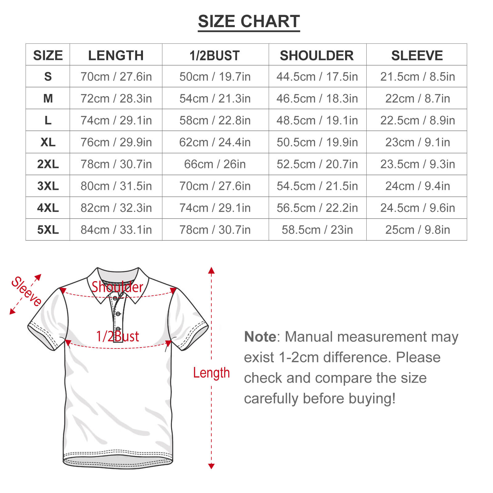 European Sode POLO Straight Shirt Size Chart - Measurements in cm and inches, showing how to measure.