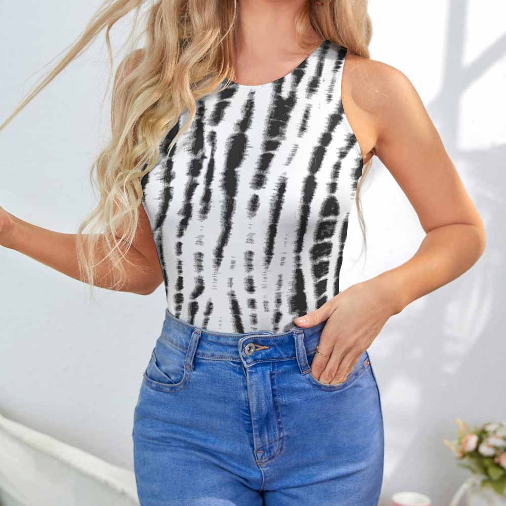 Sleeveless vest jumpsuit with black and white print, featuring a crew neck, perfect for versatile styling options.
