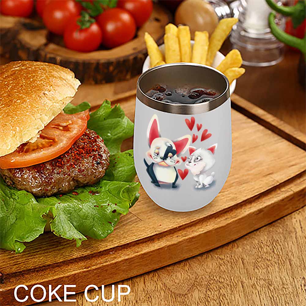 Stainless steel insulated cup with cartoon cat and penguin design, on a wooden board with burger and fries, Inkedjoy